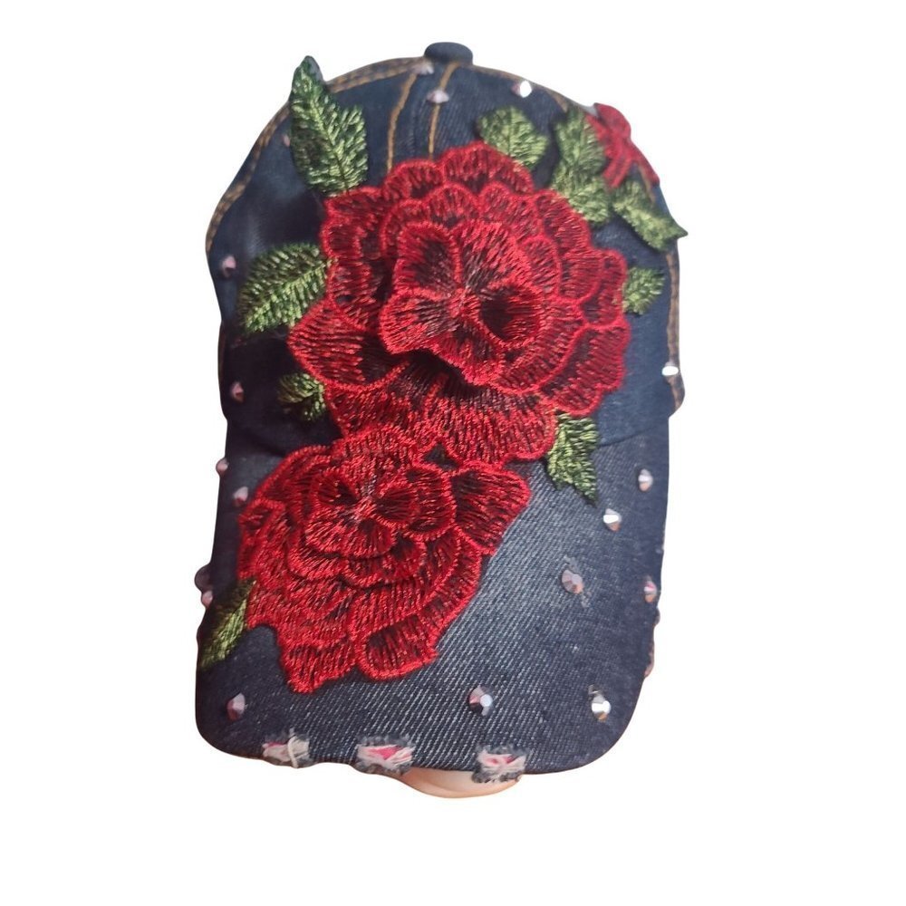 Denim Embroidered 3d Floral hat distressed, leather adjustable strap size 32